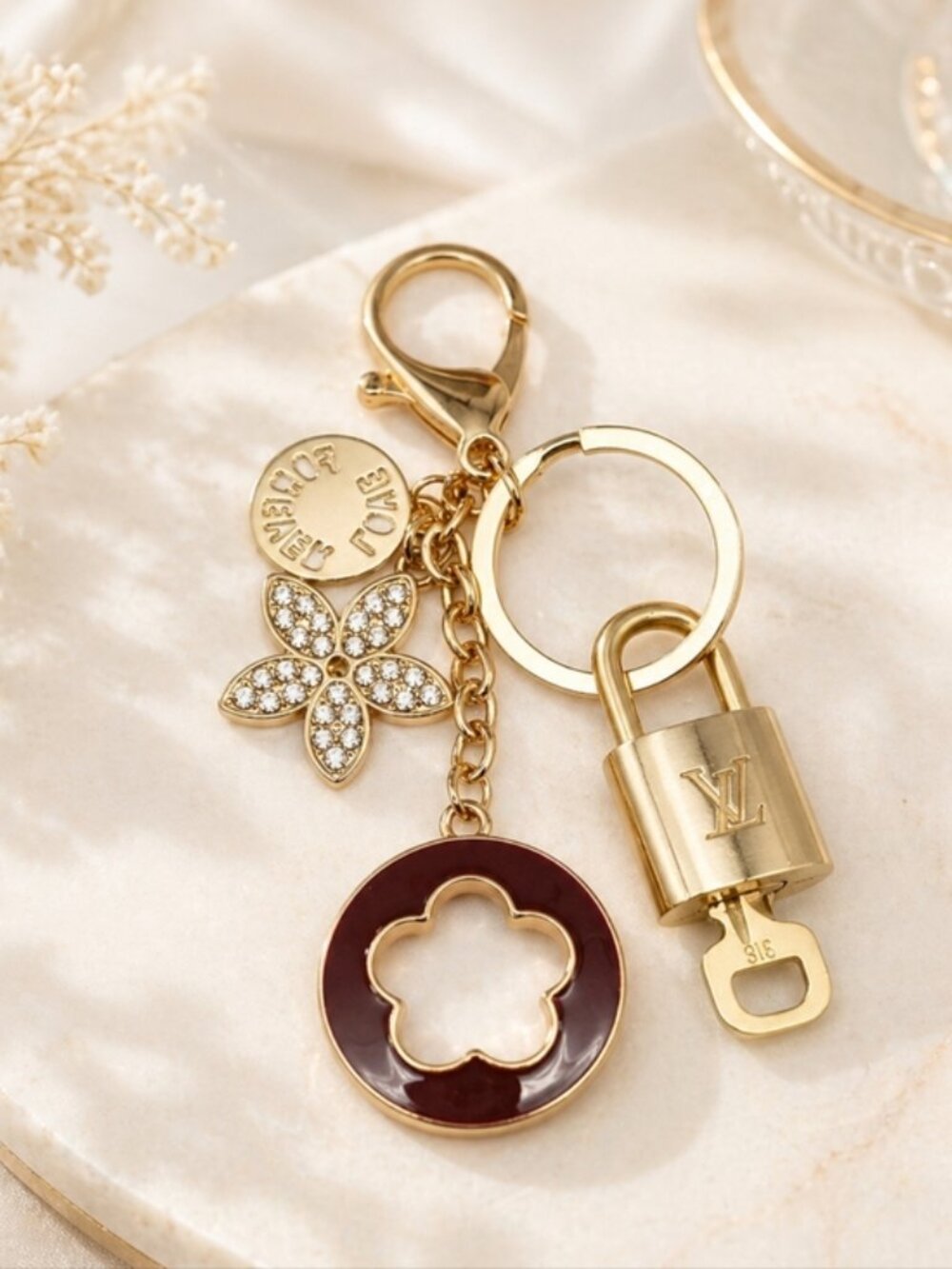 Authentic Louis Vuitton Gold Padlock 🔒 Key Set w/ Unbranded Flower Bag Charm